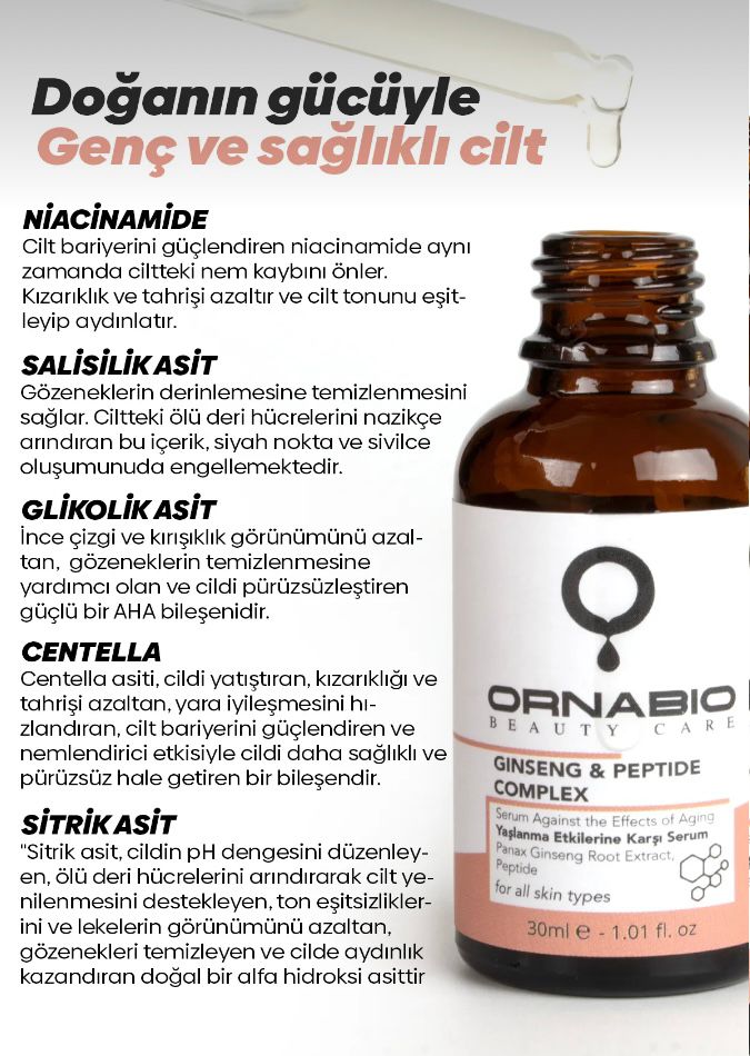 Ornabio Organik Natural Biyolojik GINSENG & PEPTIDE Yaşlanma Etkilerine Karşı Serum